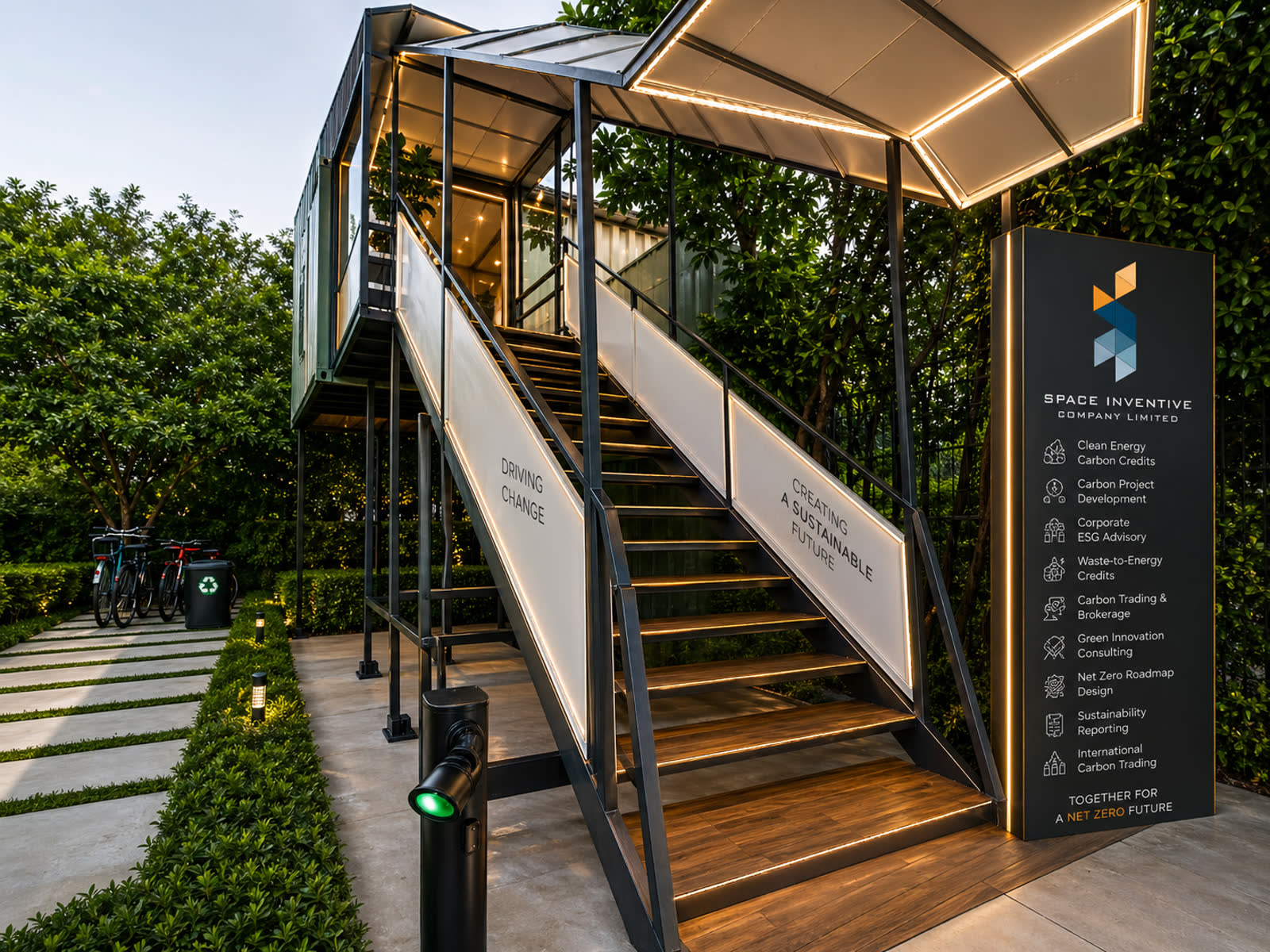 Entrance with services signpost — Driving Change · Creating A Sustainable Future
