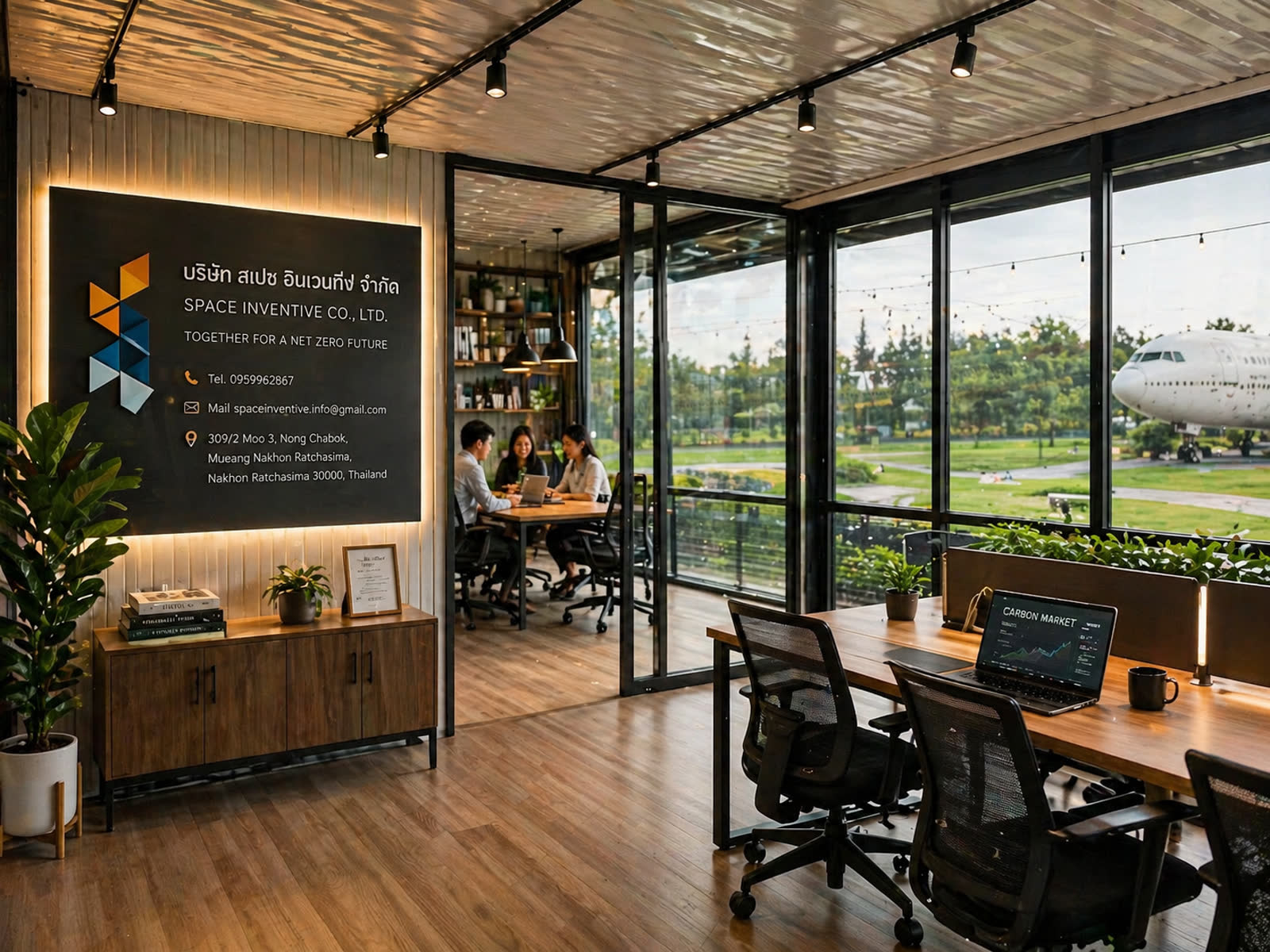 Interior with live carbon market dashboard